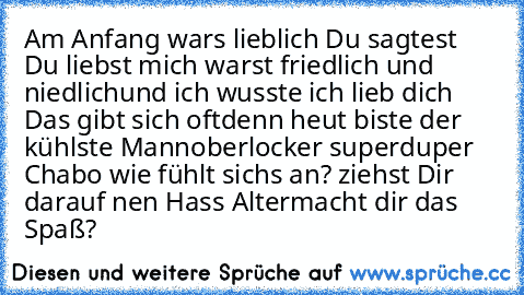 Am Anfang wars lieblich Du sagtest Du liebst mich warst friedlich und niedlich
und ich wusste ich lieb dich Das gibt sich oft
denn heut biste der kühlste Mann
oberlocker superduper Chabo wie fühlt sichs an? ziehst Dir darauf nen Hass Alter
macht dir das Spaß?