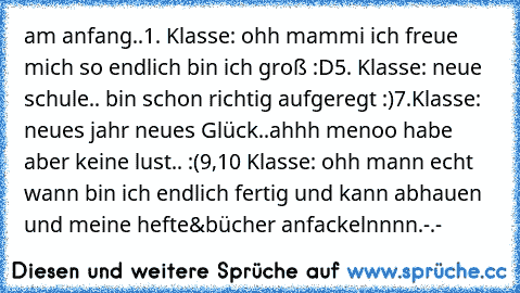 am anfang..1. Klasse: ohh mammi ich freue mich so endlich bin ich groß :D
5. Klasse: neue schule.. bin schon richtig aufgeregt :)
7.Klasse: neues jahr neues Glück..ahhh menoo habe aber keine lust.. :(
9,10 Klasse: ohh mann echt wann bin ich endlich fertig und kann abhauen und meine hefte&bücher anfackelnnnn.-.-