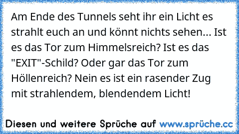 Am Ende des Tunnels seht ihr ein Licht es strahlt euch an und könnt nichts sehen... 
Ist es das Tor zum Himmelsreich? 
Ist es das "EXIT"-Schild? 
Oder gar das Tor zum Höllenreich? 
Nein es ist ein rasender Zug mit strahlendem, blendendem Licht!