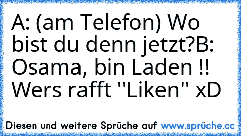 A: (am Telefon) Wo bist du denn jetzt?
B: Osama, bin Laden !! 
Wers rafft ''Liken'' xD