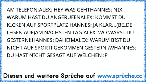 AM TELEFON:
ALEX: HEY WAS GEHT
HANNES: NIX. WARUM HAST DU ANGERUFEN
ALEX: KOMMST DU KICKEN AUF SPORTPLATZ 
HANNES: JA KLAR...
(BEIDE LEGEN AUF)
AM NÄCHSTEN TAG:
ALEX: WO WARST DU GESTERN!!
HANNES: DAHEIM
ALEX: WARUM BIST DU NICHT AUF SPORTI GEKOMMEN GESTERN ???
HANNES: DU HAST NICHT GESAGT AUF WELCHEN :P