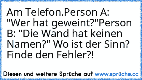 Am Telefon.
Person A: "Wer hat geweint?"
Person B: "Die Wand hat keinen Namen?" 
Wo ist der Sinn? Finde den Fehler?!