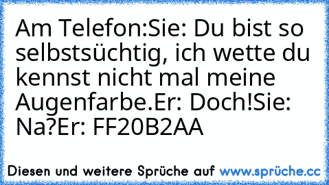 Am Telefon:
Sie: Du bist so selbstsüchtig, ich wette du kennst nicht mal meine Augenfarbe.
Er: Doch!
Sie: Na?
Er: FF20B2AA