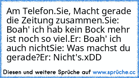 Am Telefon.
Sie, Macht gerade die Zeitung zusammen.
Sie: Boah' ich hab kein Bock mehr ist noch so viel.
Er: Boah' ich auch nicht
Sie: Was machst du gerade?
Er: Nicht's.
xDD