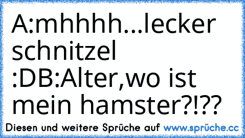 A:mhhhh...lecker schnitzel :D
B:Alter,wo ist mein hamster?!??