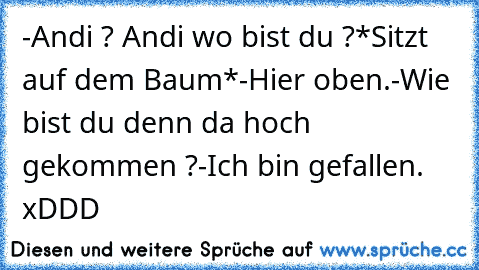 -Andi ? Andi wo bist du ?
*Sitzt auf dem Baum*
-Hier oben.
-Wie bist du denn da hoch gekommen ?
-Ich bin gefallen.   xDDD