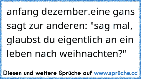 anfang dezember.eine gans sagt zur anderen: "sag mal, glaubst du eigentlich an ein leben nach weihnachten?"