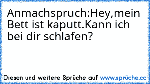 Anmachspruch:
Hey,mein Bett ist kaputt.Kann ich bei dir schlafen?