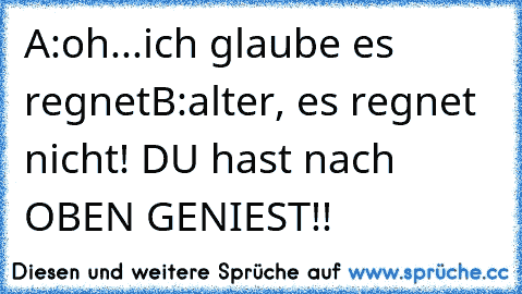 A:oh...ich glaube es regnet
B:alter, es regnet nicht! DU hast nach OBEN GENIEST!!