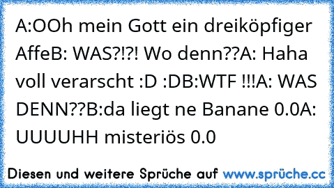 A:OOh mein Gott ein dreiköpfiger Affe
B: WAS?!?! Wo denn??
A: Haha voll verarscht :D :D
B:WTF !!!
A: WAS DENN??
B:da liegt ne Banane 0.0
A: UUUUHH misteriös 0.0