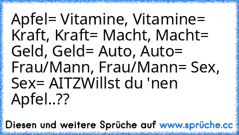 Apfel= Vitamine, Vitamine= Kraft, Kraft= Macht, Macht= Geld, Geld= Auto, Auto= Frau/Mann, Frau/Mann= Sex, Sex= AITZ
Willst du 'nen Apfel..??