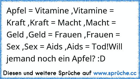 Apfel = Vitamine ,
Vitamine = Kraft ,
Kraft = Macht ,
Macht = Geld ,
Geld = Frauen ,
Frauen = Sex ,
Sex = Aids ,
Aids = Tod!
Will jemand noch ein Apfel? :D