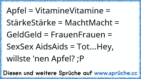 Apfel = Vitamine
Vitamine = Stärke
Stärke = Macht
Macht = Geld
Geld = Frauen
Frauen = Sex
Sex Aids
Aids = Tot
...Hey, willste 'nen Apfel? ;P