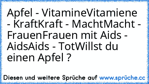 Apfel - Vitamine
Vitamiene - Kraft
Kraft - Macht
Macht - Frauen
Frauen mit Aids - Aids
Aids - Tot
Willst du einen Apfel ?