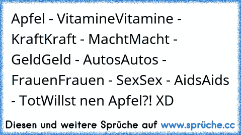 Apfel - Vitamine
Vitamine - Kraft
Kraft - Macht
Macht - Geld
Geld - Autos
Autos - Frauen
Frauen - Sex
Sex - Aids
Aids - Tot
Willst nen Apfel?! XD