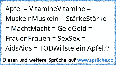 Apfel = Vitamine
Vitamine = Muskeln
Muskeln = Stärke
Stärke = Macht
Macht = Geld
Geld = Frauen
Frauen = Sex
Sex = Aids
Aids = TOD
Willste ein Apfel??