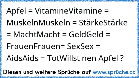 Apfel = Vitamine
Vitamine = Muskeln
Muskeln = Stärke
Stärke = Macht
Macht = Geld
Geld = Frauen
Frauen= Sex
Sex = Aids
Aids = Tot
Willst nen Apfel ?