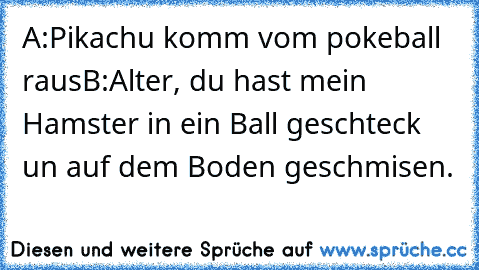 A:Pikachu komm vom pokeball raus
B:Alter, du hast mein Hamster in ein Ball geschteck un auf dem Boden geschmisen.