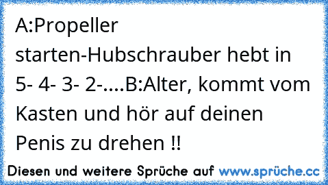 A:Propeller starten-Hubschrauber hebt in 5- 4- 3- 2-....
B:Alter, kommt vom Kasten und hör auf deinen Penis zu drehen !!