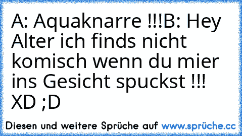 A: Aquaknarre !!!
B: Hey Alter ich finds nicht komisch wenn du mier ins Gesicht spuckst !!! XD ;D