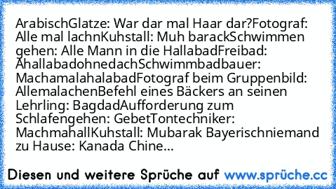 Arabisch
Glatze: War dar mal Haar dar?
Fotograf: Alle mal lachn
Kuhstall: Muh barack
Schwimmen gehen: Alle Mann in die Hallabad
Freibad: Ahallabadohnedach
Schwimmbadbauer: Machamalahalabad
Fotograf beim Gruppenbild: Allemalachen
Befehl eines Bäckers an seinen Lehrling: Bagdad
Aufforderung zum Schlafengehen: Gebet
Tontechniker: Machmahall
Kuhstall: Mubarak 
Bayerisch
niemand zu Hause: Kanada 
Chine...