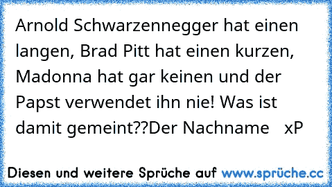 Arnold Schwarzennegger hat einen langen, Brad Pitt hat einen kurzen, Madonna hat gar keinen und der Papst verwendet ihn nie! Was ist damit gemeint??
Der Nachname   xP