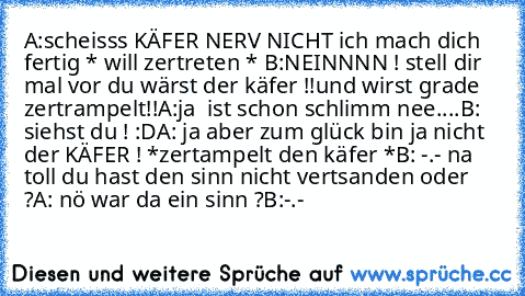 A:scheisss KÄFER NERV NICHT ich mach dich fertig * will zertreten * 
B:NEINNNN ! stell dir mal vor du wärst der käfer !!und wirst grade zertrampelt!!
A:ja  ist schon schlimm nee....
B: siehst du ! :D
A: ja aber zum glück bin ja nicht der KÄFER ! *zertampelt den käfer *
B: -.- na toll du hast den sinn nicht vertsanden oder ?
A: nö war da ein sinn ?
B:-.-