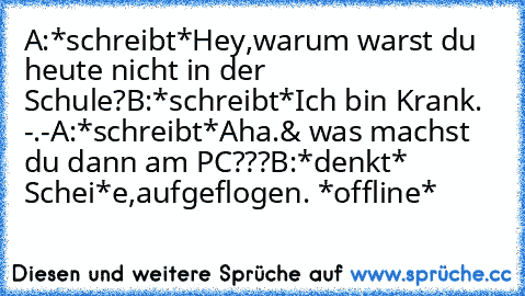 A:*schreibt*Hey,warum warst du heute nicht in der Schule?
B:*schreibt*Ich bin Krank. -.-
A:*schreibt*Aha.& was machst du dann am PC???
B:*denkt* Schei*e,aufgeflogen. *offline*