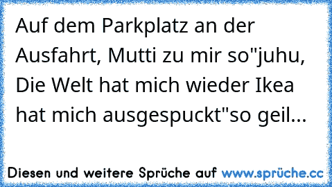 Auf dem Parkplatz an der Ausfahrt, Mutti zu mir so
"juhu, Die Welt hat mich wieder Ikea hat mich ausgespuckt"
so geil...