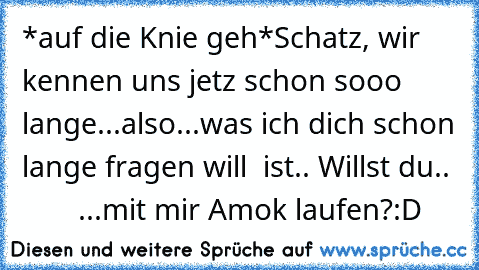 *auf die Knie geh*
Schatz, wir kennen uns jetz schon sooo lange...
also...was ich dich schon lange fragen will  ist..
 Willst du..
         ...mit mir Amok laufen?:D