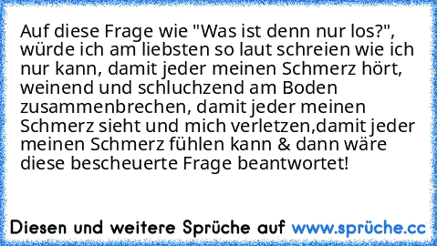 Auf diese Frage wie "Was ist denn nur los?", würde ich am liebsten so laut schreien wie ich nur kann, damit jeder meinen Schmerz hört, weinend und schluchzend am Boden zusammenbrechen, damit jeder meinen Schmerz sieht und mich verletzen,damit jeder meinen Schmerz fühlen kann & dann wäre diese bescheuerte Frage beantwortet!