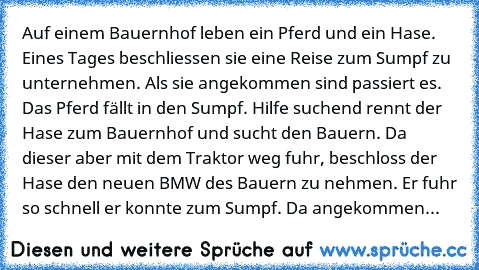 Auf einem Bauernhof leben ein Pferd und ein Hase. Eines Tages beschliessen sie eine Reise zum Sumpf zu unternehmen. Als sie angekommen sind passiert es. Das Pferd fällt in den Sumpf. Hilfe suchend rennt der Hase zum Bauernhof und sucht den Bauern. Da dieser aber mit dem Traktor weg fuhr, beschloss der Hase den neuen BMW des Bauern zu nehmen. Er fuhr so schnell er konnte zum Sumpf. Da angekommen pa...