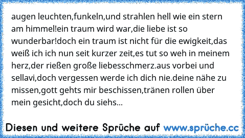 augen leuchten,funkeln,und strahlen hell wie ein stern am himmel!ein traum wird war,die liebe ist so wunderbar!doch ein traum ist nicht für die ewigkeit,das weiß ich ich nun seit kurzer zeit,es tut so weh in meinem herz,der rießen große liebesschmerz.aus vorbei und sellavi,doch vergessen werde ich dich nie.deine nähe zu missen,gott gehts mir beschissen,tränen rollen über mein gesicht,doch du si...