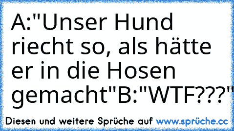 A:"Unser Hund riecht so, als hätte er in die Hosen gemacht"
B:"WTF???"