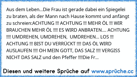 Aus dem Leben...
Die Frau ist gerade dabei ein Spiegelei zu braten, als der Mann nach Hause kommt und anfängt zu schreien:
ACHTUNG !!! ACHTUNG !!! MEHR ÖL !!! WIR  BRAUCHEN MEHR ÖL !!!! ES WIRD ANBRATEN.... ACHTUNG !!!! UMDREHEN, UMDREHEN,  UMDREHEN... LOS !!! ACHTUNG !!! BIST DU VERRÜCKT !!!! DAS ÖL WIRD AUSLAUFEN !!!! OH MEIN GOTT, DAS SALZ !!!! VERGISS NICHT DAS SALZ und den Pfeffer !!!!
Die Fr...