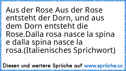 Aus der Rose
 Aus der Rose entsteht der Dorn, und aus dem Dorn entsteht die Rose.
Dalla rosa nasce la spina e dalla spina nasce la rosa.
(Italienisches Sprichwort)