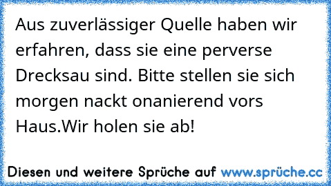 Aus zuverlässiger Quelle haben wir erfahren, dass sie eine perverse Drecksau sind. Bitte stellen sie sich morgen nackt onanierend vors Haus.Wir holen sie ab!