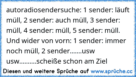 autoradiosendersuche: 1 sender: läuft müll, 2 sender: auch müll, 3 sender: müll, 4 sender: müll, 5 sender: müll. Und wider von vorn: 1 sender: immer noch müll, 2 sender.......usw usw..........scheiße schon am Ziel