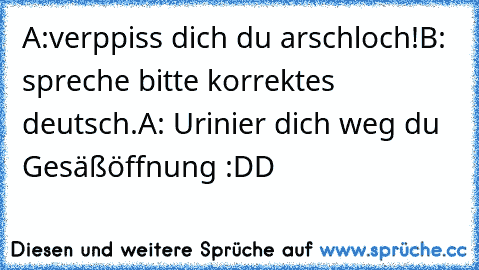 A:verppiss dich du arschloch!
B: spreche bitte korrektes deutsch.
A: Urinier dich weg du Gesäßöffnung 
:DD