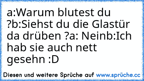 a:Warum blutest du ?
b:Siehst du die Glastür da drüben ?
a: Nein
b:Ich hab sie auch nett gesehn :D