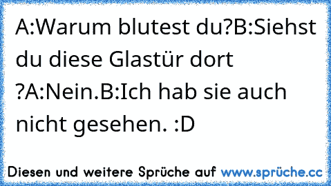 A:Warum blutest du?
B:Siehst du diese Glastür dort ?
A:Nein.
B:Ich hab sie auch nicht gesehen. :D