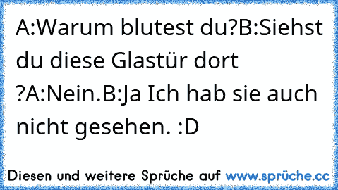 A:Warum blutest du?
B:Siehst du diese Glastür dort ?
A:Nein.
B:Ja Ich hab sie auch nicht gesehen. :D