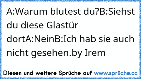 A:Warum blutest du?
B:Siehst du diese Glastür dort
A:Nein
B:Ich hab sie auch nicht gesehen.
by Irem