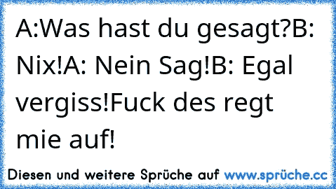 A:Was hast du gesagt?
B: Nix!
A: Nein Sag!
B: Egal vergiss!
Fuck des regt mie auf!