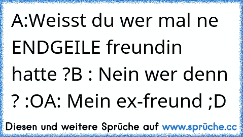 A:Weisst du wer mal ne ENDGEILE freundin hatte ?
B : Nein wer denn ? :O
A: Mein ex-freund ;D