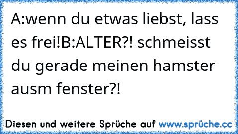 A:wenn du etwas liebst, lass es frei!
B:ALTER?! schmeisst du gerade meinen hamster ausm fenster?!