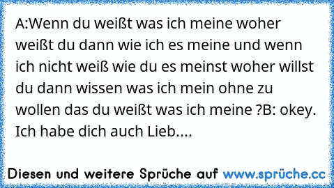 A:Wenn du weißt was ich meine woher weißt du dann wie ich es meine und wenn ich nicht weiß wie du es meinst woher willst du dann wissen was ich mein ohne zu wollen das du weißt was ich meine ?
B: okey. Ich habe dich auch Lieb....