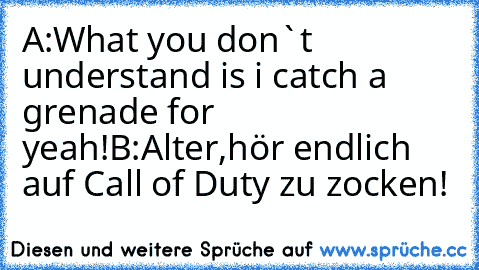 A:What you don`t understand is i catch a grenade for yeah!
B:Alter,hör endlich auf Call of Duty zu zocken!