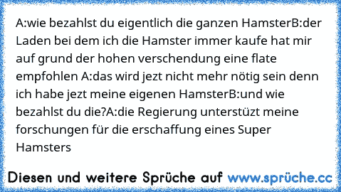 A:wie bezahlst du eigentlich die ganzen Hamster
B:der Laden bei dem ich die Hamster immer kaufe hat mir auf grund der hohen verschendung eine flate empfohlen 
A:das wird jezt nicht mehr nötig sein denn ich habe jezt meine eigenen Hamster
B:und wie  bezahlst du die?
A:die Regierung unterstüzt meine forschungen für die erschaffung eines Super Hamsters