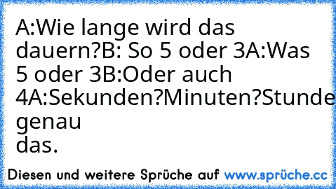 A:Wie lange wird das dauern?
B: So 5 oder 3
A:Was 5 oder 3
B:Oder auch 4
A:Sekunden?Minuten?Stunden?Wochen?Monate?
B:ja genau das.